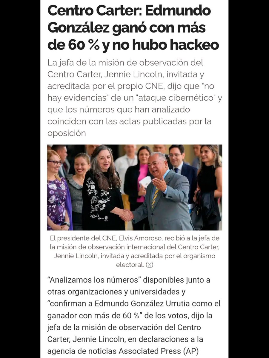 HeverCastroB's tweet photo. El @CarterCenter que fue el único observador internacional con presencia física en varios estados de Venezuela y en la sala de totalizacion del CNE, ha confirmado que no hubo hackeo y Edmundo González ganó las elecciones con más de 60% de los votos.
¿Qué más pruebas quieren?. https://t.co/24YxtzEnqW