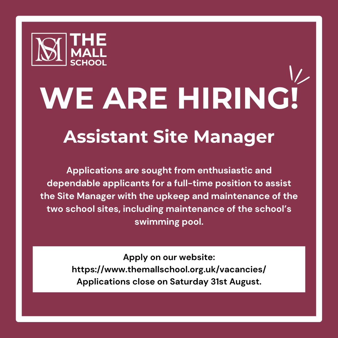 We're hiring an Assistant Site Manager!

This is an all year role, not term time. Monday to Friday, 7.45am-5.15pm.

For the full job description and to apply, please go to our website: themallschool.org.uk/vacancies/

#themallschool #twickenham #richmond #assistantsitemanager #vacancy
