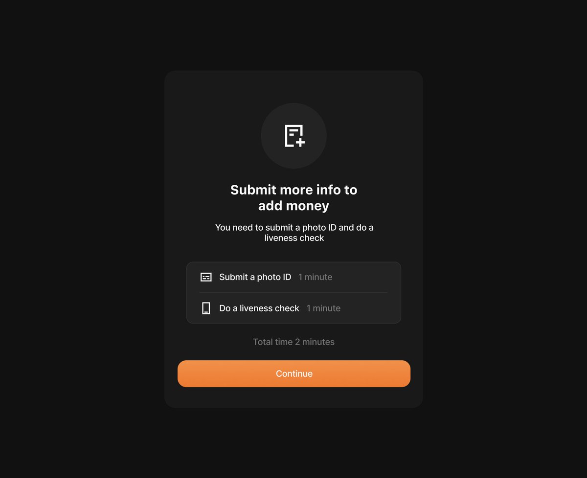 andrei_ponivesc's tweet photo. A lot of off-ramp solutions i've seen would benefit for a better explanation of the time required to do a KYC and the steps involved. 

Here's a very minimalistic approach that will have a great impact for users onboarding if implemented. https://t.co/JzBDZR55Xb
