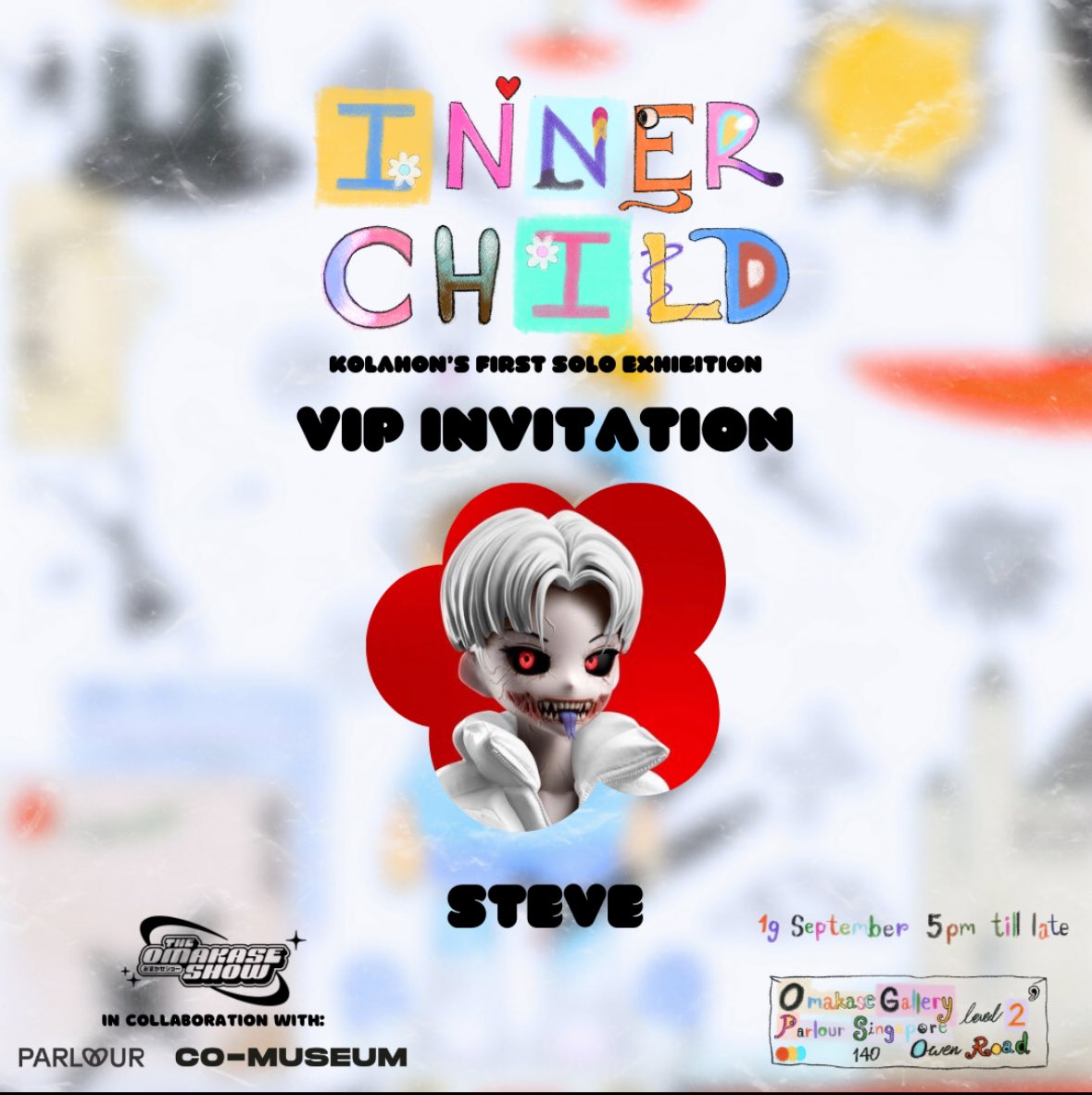 Excited for <a href="/kolahonn/">𝗸𝗼𝗹𝗮𝗵𝗼𝗻 ࿊</a>'s 'INNER CHILD' exhibition by @TheOmakaseShow on 9/19 at <a href="/TheParlourSg/">PARLOUR 🇸🇬</a> in collaboration with <a href="/co_museum/">Co-Museum</a>! Don't miss this chance to step into a realm of wonder. Featuring artist talks, live demos &amp; immersive experiences marking the gallery's Singapore launch!