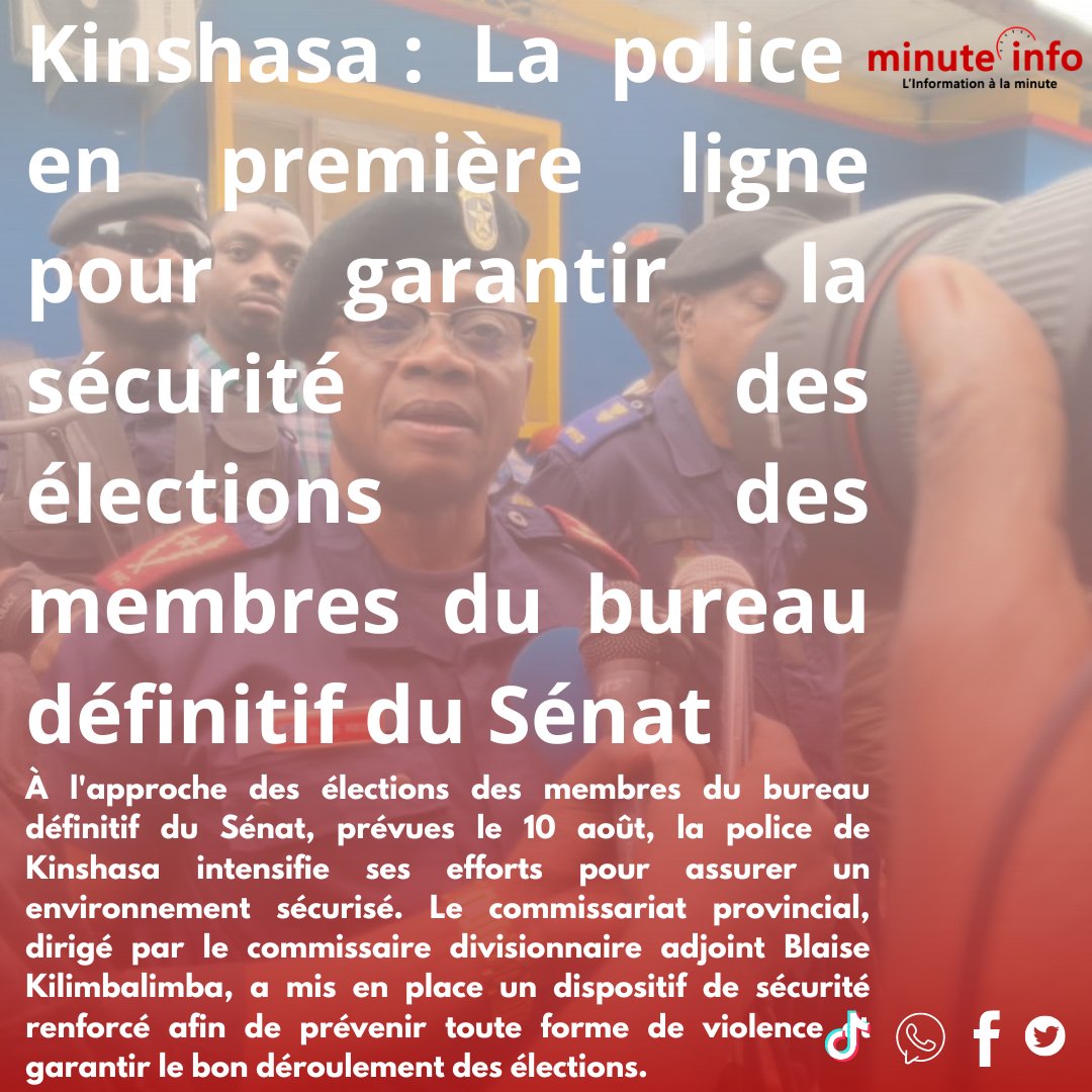 minuteinfo6's tweet photo. Kinshasa : La police en première ligne pour garantir la sécurité des élections des membres du bureau définitif du Sénat
https://t.co/iVYPzNvI2v https://t.co/xuJ3QaOoBv