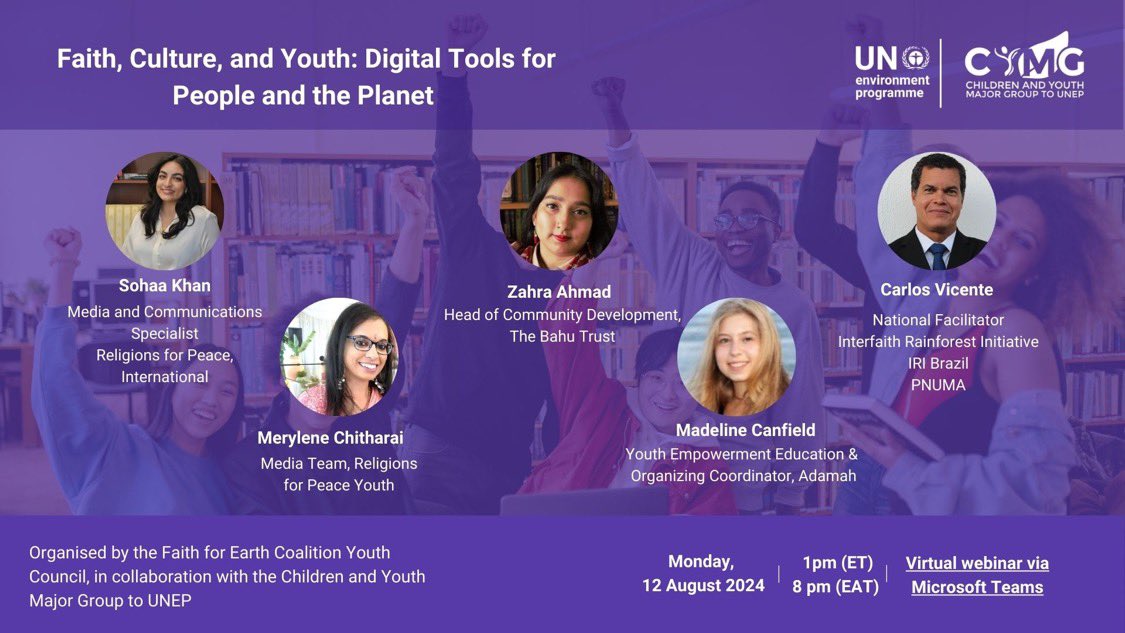 In celebration of #InternationalYouthDay, join “Faith, Culture, &amp; Youth: Digital Tools for People and the Planet,” featuring Ms. Merylene Chitharai, Member, @rfp_youth &amp; Ms. Sohaa Khan, Media &amp; Communications Specialist, Religions for Peace.

Register 🔗 bit.ly/3WT7PeD