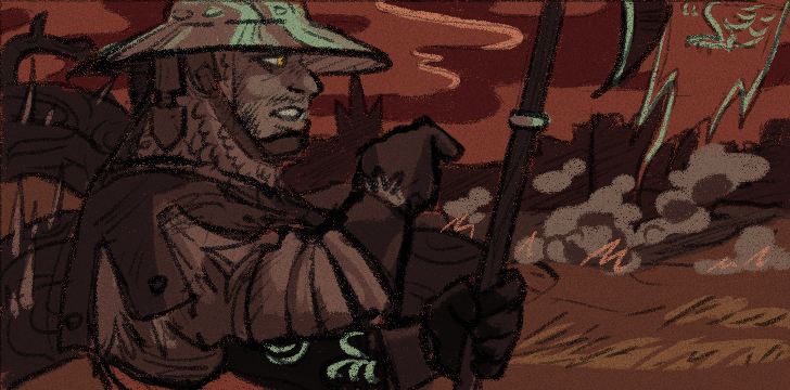 osteophagy's tweet photo. still like this colored thumbnail of borvo, radahn soldier boy, surveying the perpetually burning plagued ruins he calls home. https://t.co/yMaP63Ul5i
