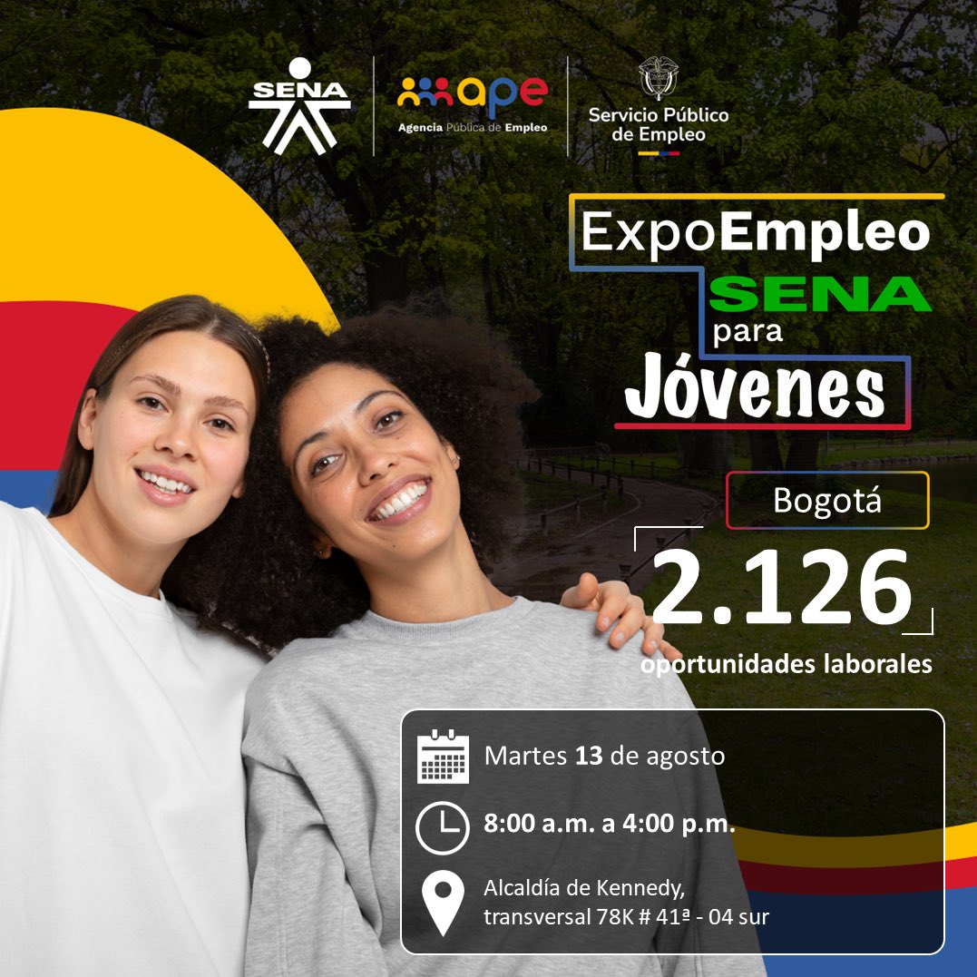 SENABogotaDC's tweet photo. #Agéndate
1️⃣3️⃣ de Agosto#ExpoEmpleoJoven
🗓Horario: 8:00 a.m. a 4:00 p.m.
📍 Lugares:
- 🏢 Calle 65 #11-70, Chapinero
- 🏛 Transversal 78K #41A-04 Sur, Alcaldía de Kennedy
- 🏬 Calle 145 #103B-90, SuperCADE Suba
🚀 Inscríbete: https://t.co/HgGo3c0fbU https://t.co/cOZ13ovakv