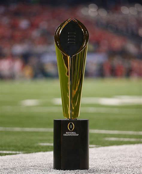 This is the CFP Trophy note no NCAA on it as it's not an NCAA trophy.  Winning this means you won the CFP NOT necessarily the NCAA Championship.  Before it was the BCS Trophy which also wasn't a legitimate NCAA trophy.  NCAA doesn't have a collegiate trophy for football.
