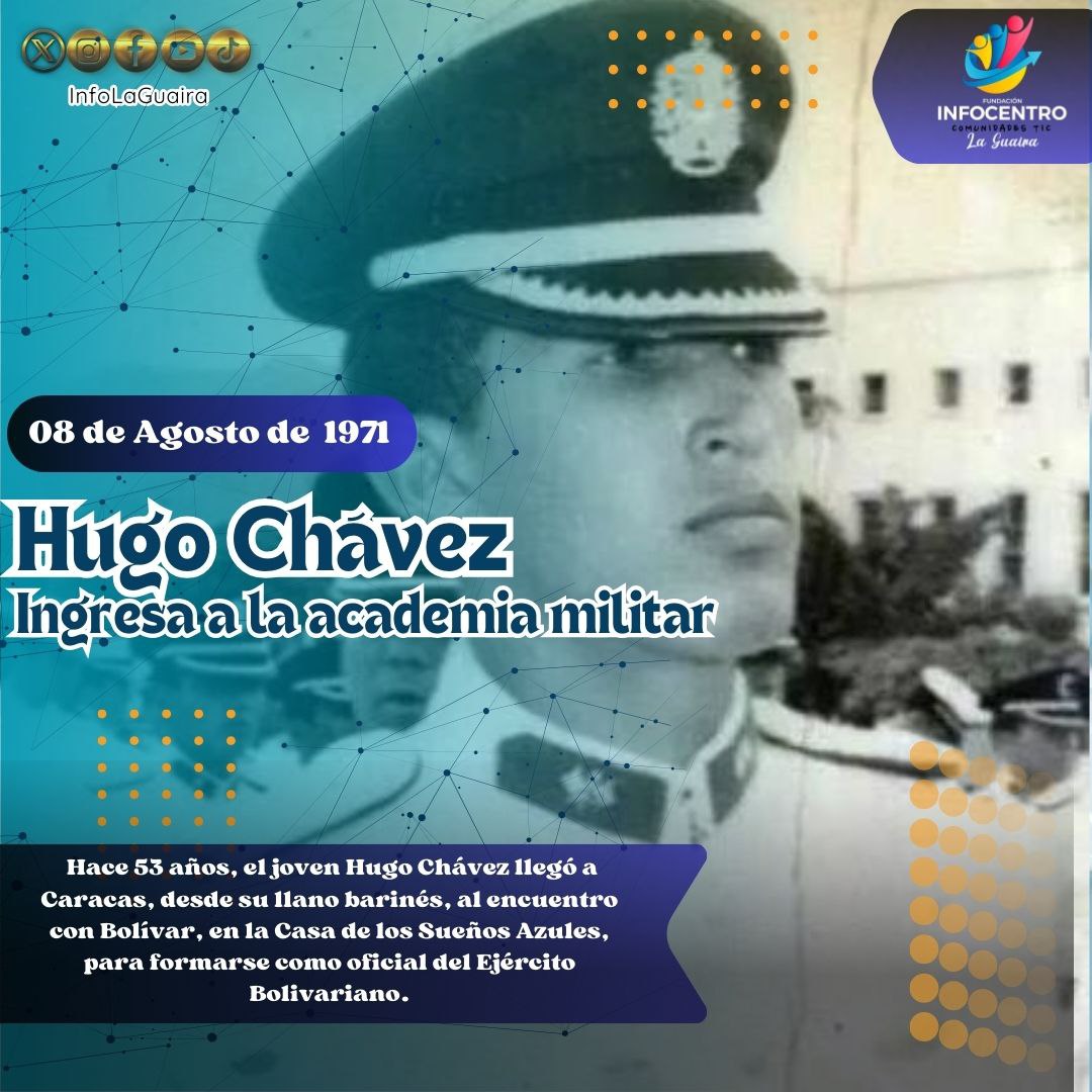 #Efemerides #8Ago Hace 53 años Hugo Chávez ingreso a la academia militar 

#PuebloSonrienteYEnPaz 🇻🇪

<a href="/NicolasMaduro/">Nicolás Maduro</a> 
<a href="/Gabrielasjr/">Gabriela Jiménez</a> 
<a href="/LaRosaInfoVE/">LaRosaInfoVE</a> 
<a href="/BrigadasCHCH/">Brigadas comunicacionales Hugo Chávez</a>