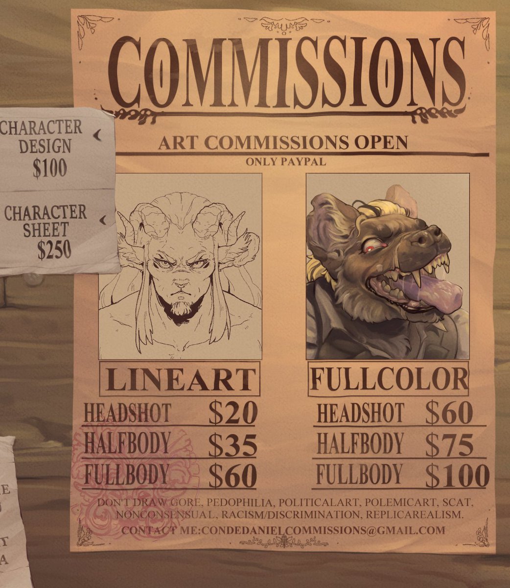 ArtCondeDaniel's tweet image. ✨✨✨COMMISSIONS OPEN✨✨✨
🫒Table of prices 2024🫒
🔸Contact me on forms.gle/nLnimJKLkVvzFB… 🔸
🔸ONLY PAYPAL 🔸
⚠️ Terms of Services⚠️
docs.google.com/document/d/1mc…
🫒RT's are very appreciated 🫒
#opencommissions #commissionsopen #commissions #ComisionesAbiertas
