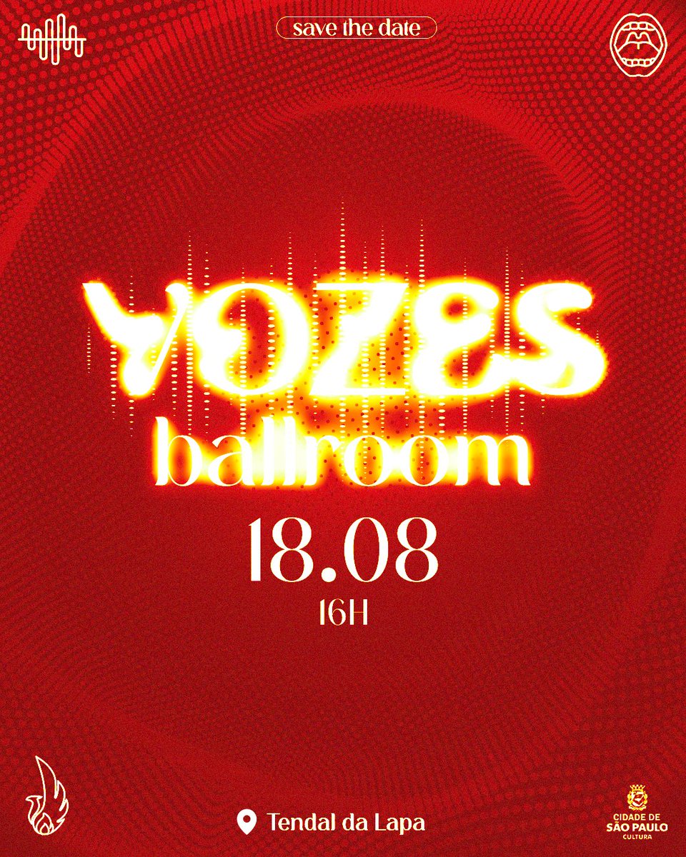 casademutatis's tweet photo. SAVE THE DATE
🗓️ 18/08 - Domingo
📢 Vozes Ballroom - Quinta Edição 
🕦 A partir das 16h
📍 Tendal da Lapa

Programação completa em breve! https://t.co/S2T0x7rYcS