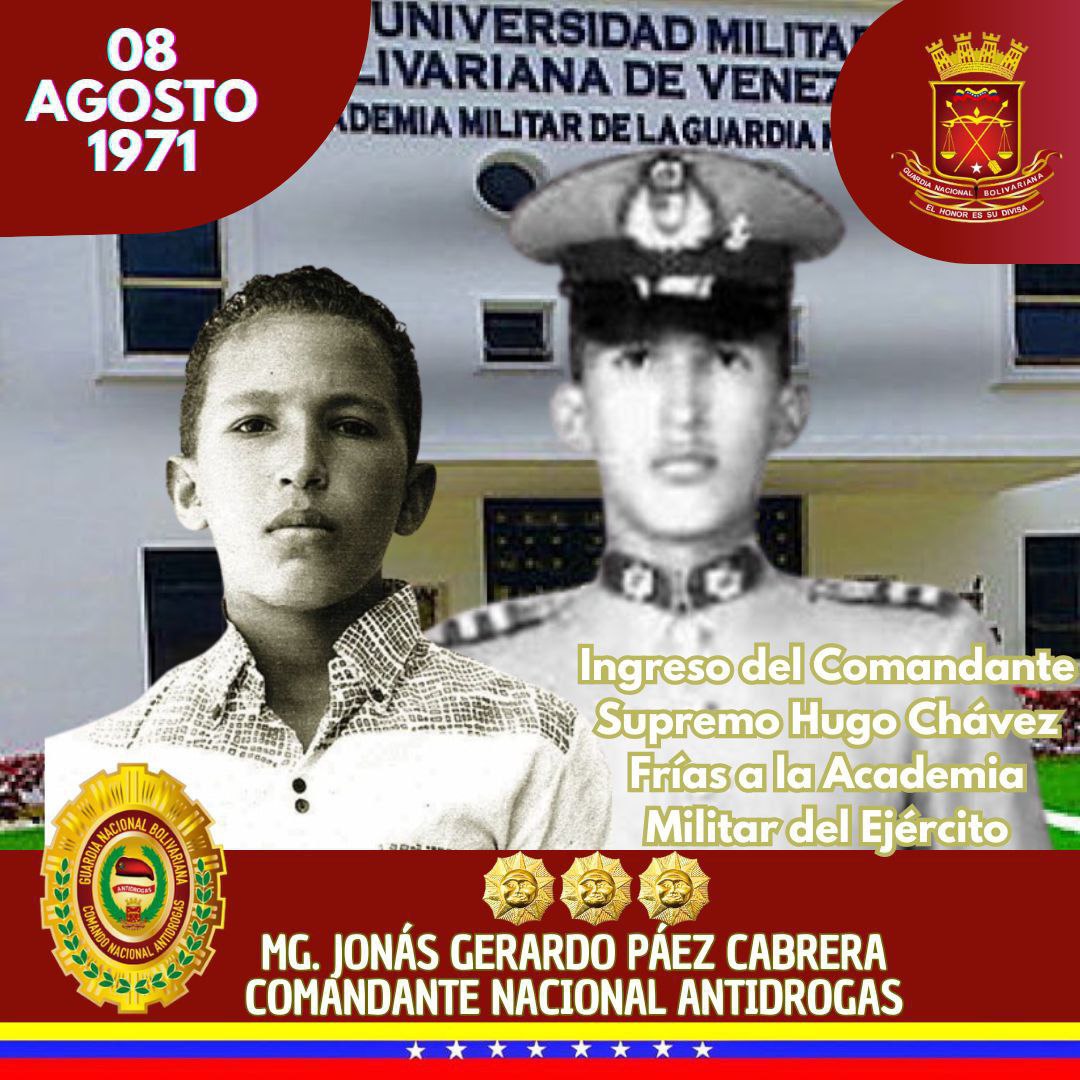 Tal día como hoy pero en 1971, procedente de su tierra natal, Sabaneta de Barinas y luego de culminar en julio su bachillerato, el Comandante de la Revolución Bolivariana, Hugo Chávez, ingresó a la Academia Militar de Venezuela, 
#PuebloSonrienteYEnPaz #CNA