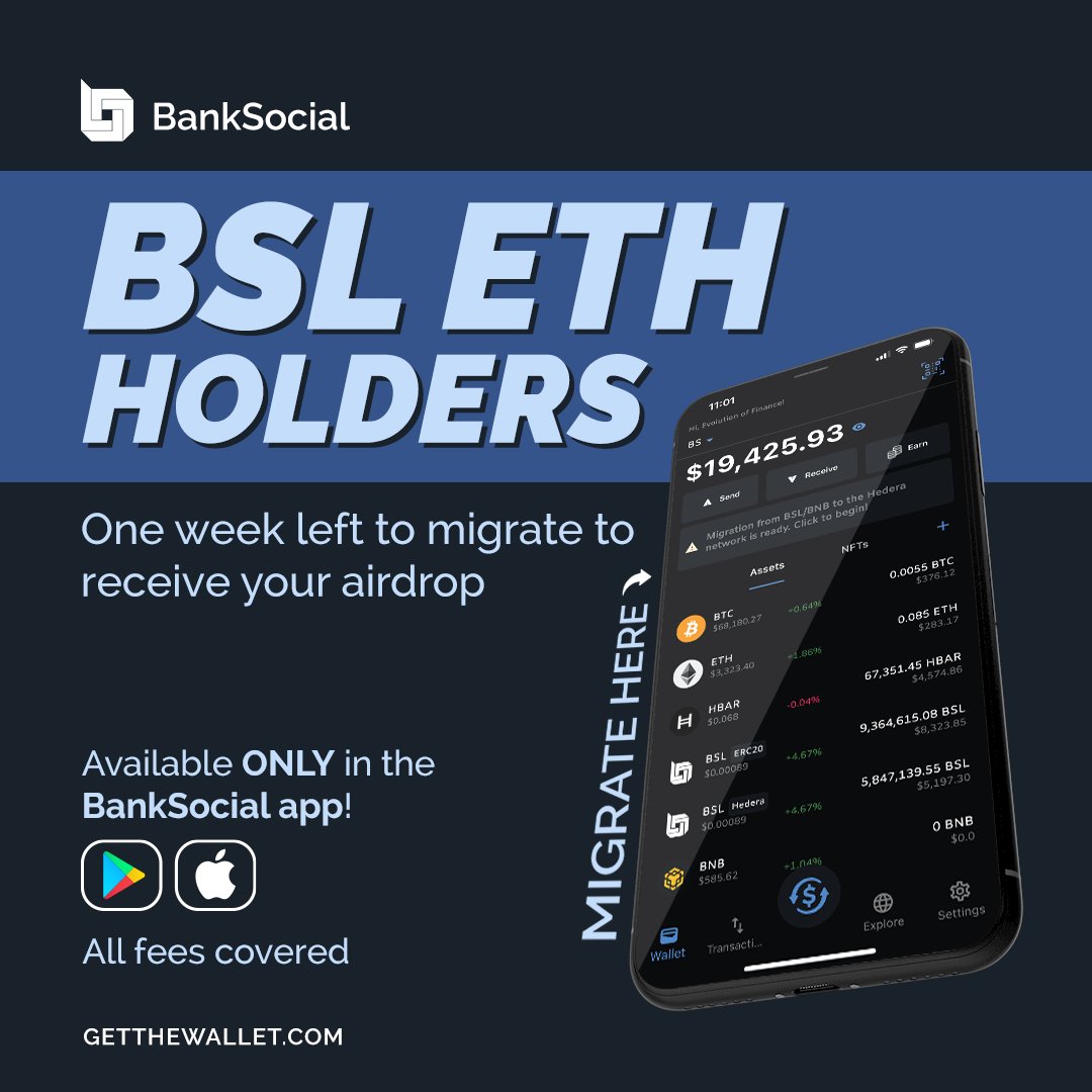 BANKSOCIALio's tweet image. 📣 REMINDER: 📣

#BSL #ETH holders have 1 week left to #migrate to #Hedera to be eligible for the BSL #airdrop!

More info here:
tinyurl.com/BSLMigrate

#HBAR