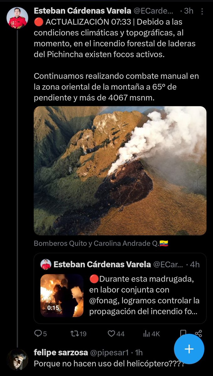 Mientras el incendio en las laderas del Pichincha se intensifica, el jefe de los <a href="/BomberosQuito/">Bomberos Quito</a> <a href="/ECardenasVarela/">Esteban Cárdenas Varela</a> prefiere callar y ocultar los comentarios donde se pregunta por el helicóptero, ¿que esconden? ¿Que ocultan? Porque no hacen uso del mismo?
 <a href="/jcarreraandrade/">Jonnathan Carrera</a>