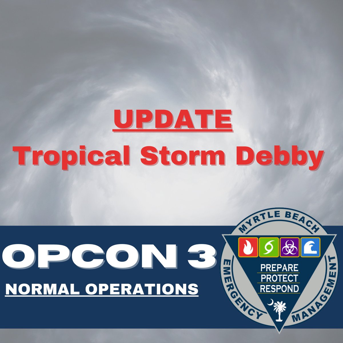 MyrtleBeachGov's tweet photo. The City of Myrtle Beach has moved back to Operational Conditions Level Three, which is our normal state of operations.  The Emergency Management team continues to monitor Tropical Storm Debby as it passes through the Carolinas.

#CityofMyrtleBeach #MyrtleBeach https://t.co/HmhLjCPOUg