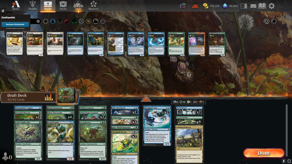 Aleatory_M's tweet photo. Another 3-0 🐸🏆 in #MTGBloomburrow thanks to this pretty aggressive deck. 4 rare 1-drops, 4 uncommon 2/3s with massive upside, and a suite of everything else you might want. Cheap = good this format! #MTG #MTGArena https://t.co/miiRgKG3Qv