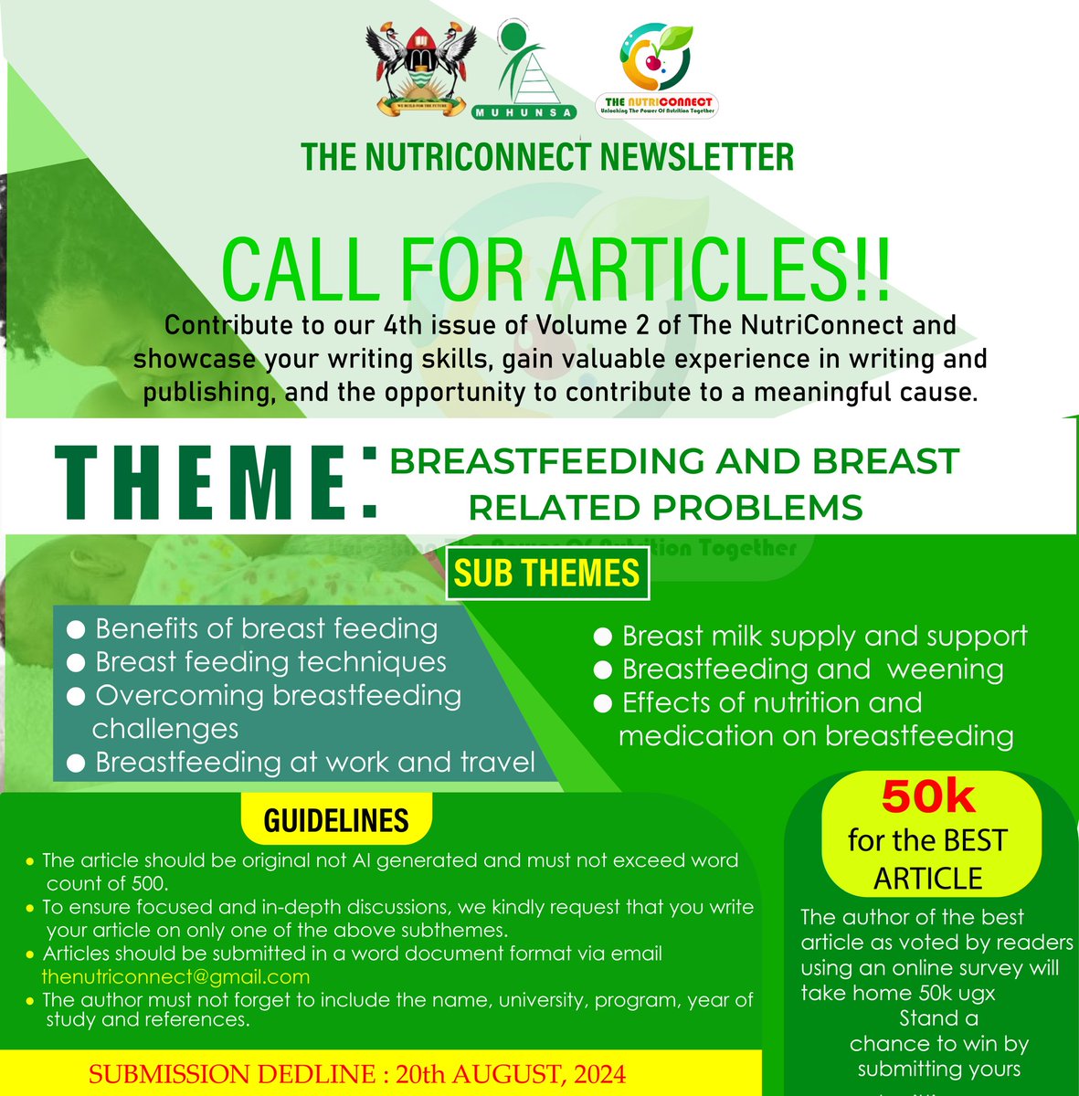 Muhunsa_MAK's tweet photo. What next after the #WorldBreastfeedingWeek? You could still raise awareness by writing and submitting an article for the Nutriconnect's article on breastfeeding. Join fellow writers as they support breastfeeding worldwide.
#Nutriconnect #Breastfeeding #Nutrition
@SftnbSociety https://t.co/gd0Nb6se89