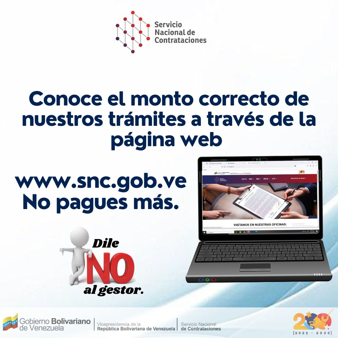 #08agosto 
Invitamos a todos nuestros Contratistas, usuarios y usuarias a visitar nuestra página web: snc.gob.ve donde tendrás información en materia de #ContratacionesPúblicas, incluyendo las tarifas con los montos correctos de los servicios que prestamos en el #SNC