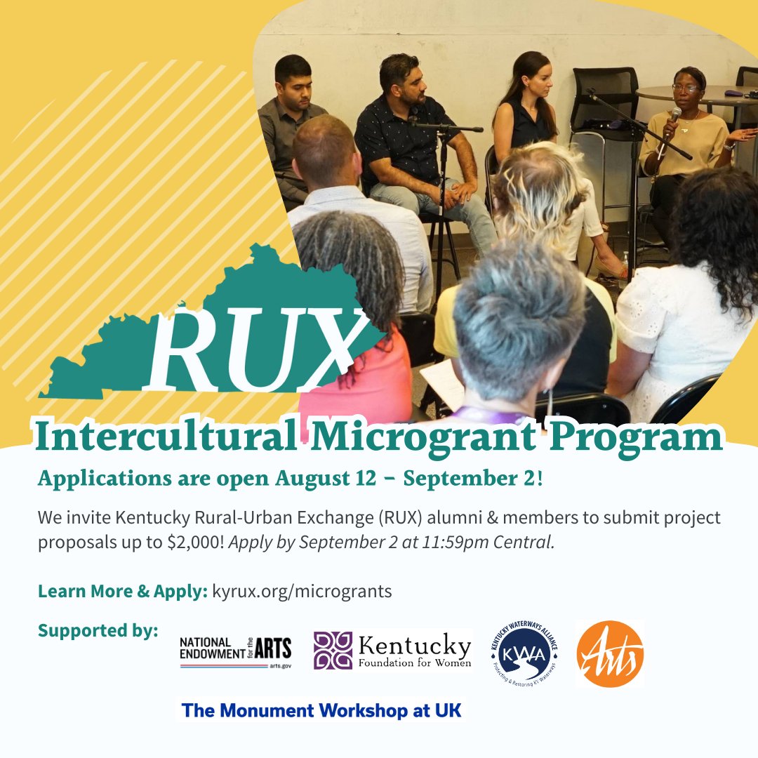 Applications are now OPEN! 🥳 The  Kentucky Rural-Urban Exchange (RUX)’s 2024 Intercultural Microgrant  Program invites the RUX alumni &amp; members to submit project proposals for up to $2,000! Learn more &amp; apply by Sept 2: kyrux.org/microgrants