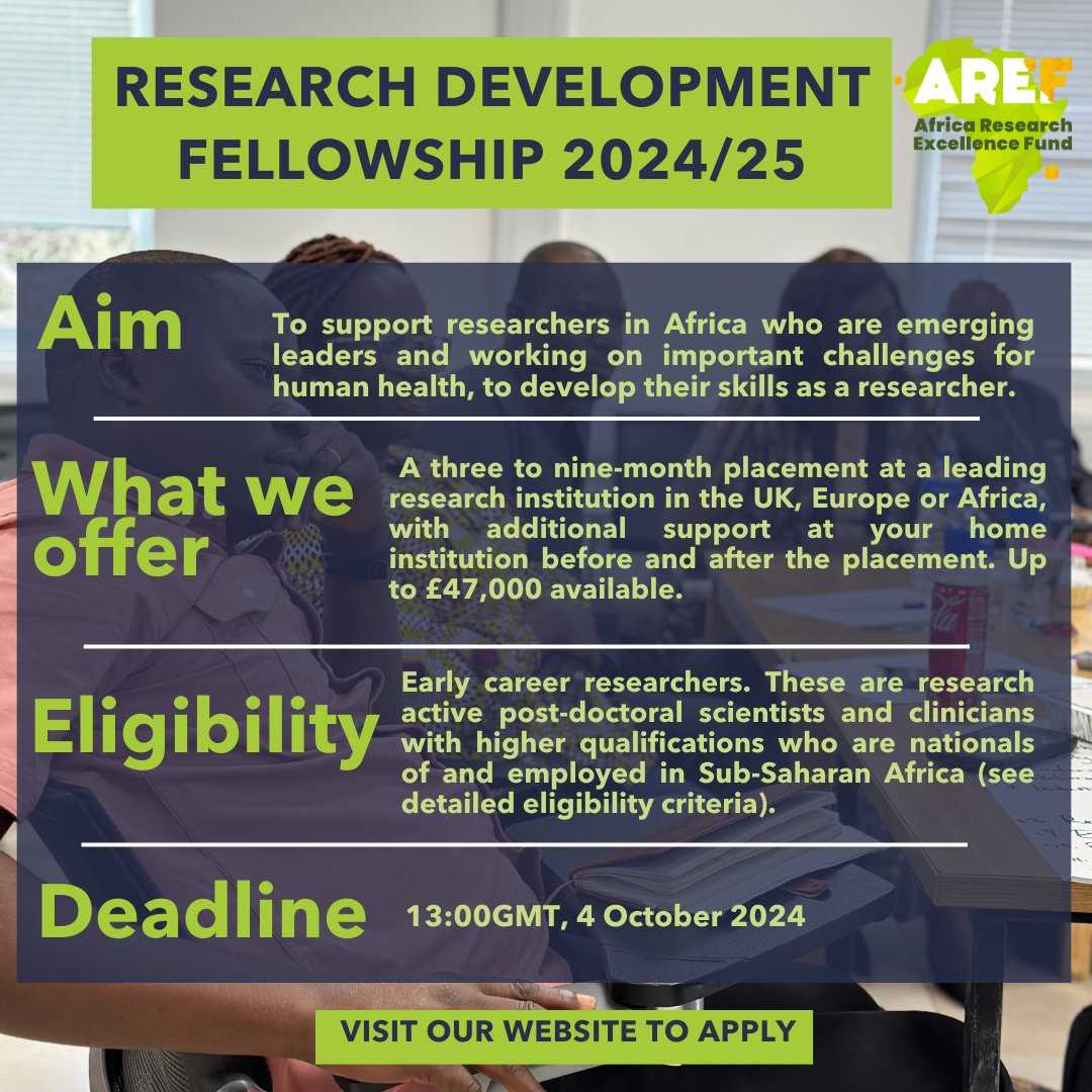 👨🏾‍🔬 Are you an early career #health #researcher (post-doctoral) in #Africa seeking for a fellowship?

🔍 Check out the eligibility criteria below/website to see if you qualify for this #Fellowship Programme.

🖊 Apply here: bit.ly/4dx0zKM
🗓 Deadline: 4 Oct 2024