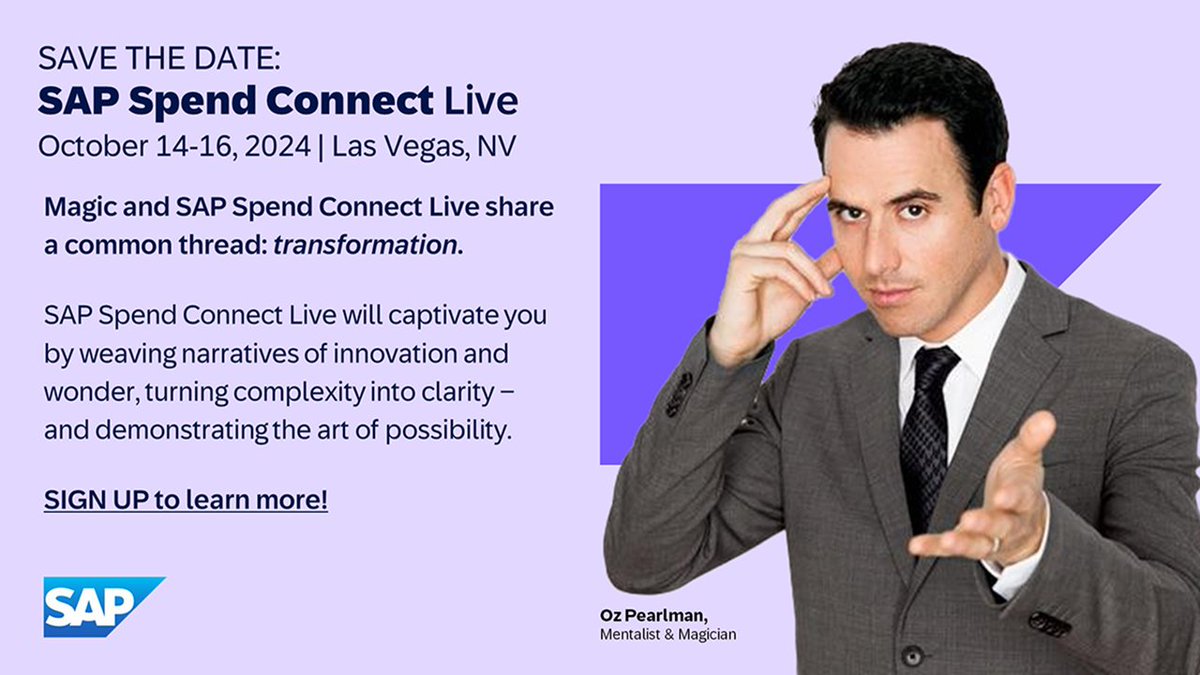 Join us for #SAPSpendConnectLive in Las Vegas where the future of #spendmanagement will unfold in style. Sign up for more information: imsap.co/6011YYAVD
<a href="/SAP/">SAP</a>
