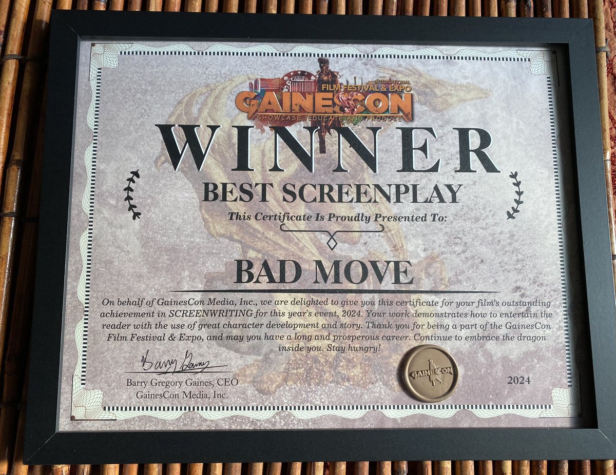 SD_Moore1's tweet photo. My short script BAD MOVE from my #horror novel Wicked Prayers won #BestScreenplay in the #GainesCon #FilmFestival Thank you GainesCon! #Learn my award winning #screenwriting strategy in my #book, Screenwriting for Storytellers. https://t.co/3JVFkfC9pW