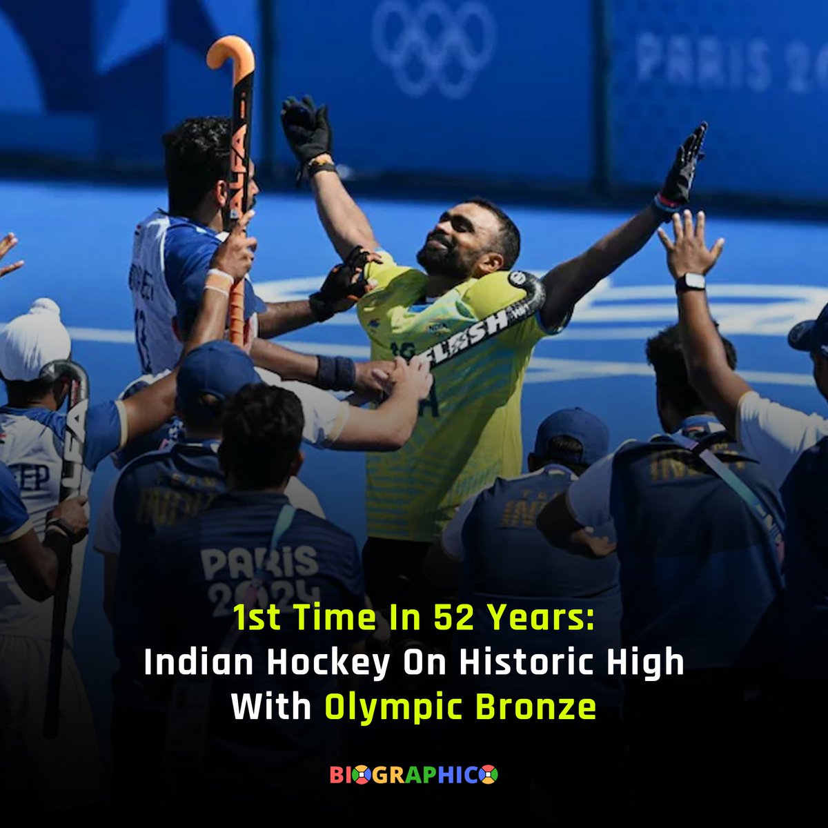 BiographicoSite's tweet photo. The Indian hockey team won the Paris Olympics 2024 bronze medal with a 2-1 victory over Spain in the bronze medal match. This is India's second straight bronze medal in the sport after having won the same medal at the Tokyo Olympics 2020.
#IndianHockey #ParisOlympics2024 https://t.co/KDgdu6F4vV