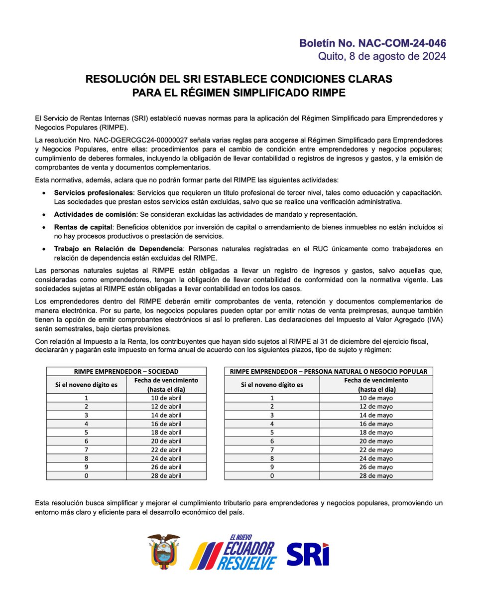 #BoletínSRI

Resolución del SRI establece condiciones claras para el Régimen Simplificado Rimpe.

Revisa más información en bit.ly/4fDH0CA

#ElNuevoEcuadorResuelve