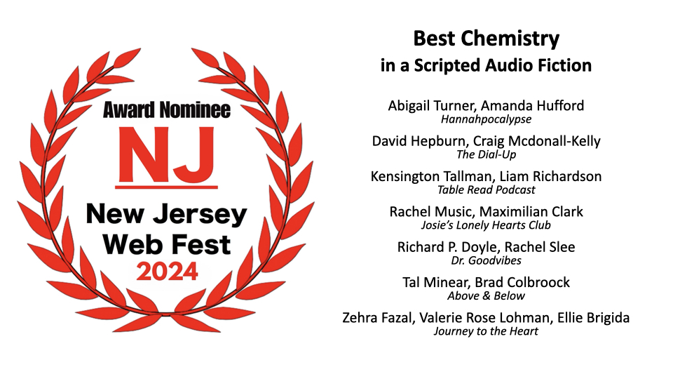 NJWebFest's tweet photo. Best Chemistry in a Scripted Audio Fiction
@Hannahpoctical
@DialUpPod
@TableReadPodLA
#JosiesLonelyHeartsClub
@DrGoodvibesPod 
#AboveAndBelow
@dollarbeanprod https://t.co/HFhNplNowr