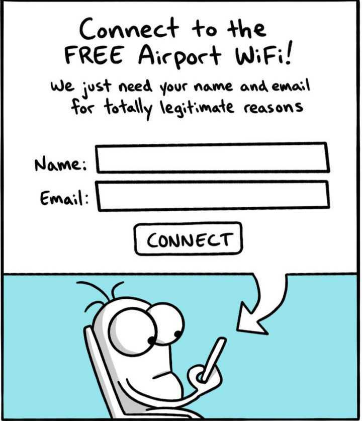 ProtonPrivacy's tweet photo. Instead of hopelessly accepting the travel WiFi price, do this:

🎭 hide your email with a @Proton_Pass alias
📬 confirm your email in your private @ProtonMail inbox
🌐 protect your browsing with @ProtonVPN
… and capture beautiful memories and store them privately on @ProtonDrive.

💜 comic by @ItchyfeetComic