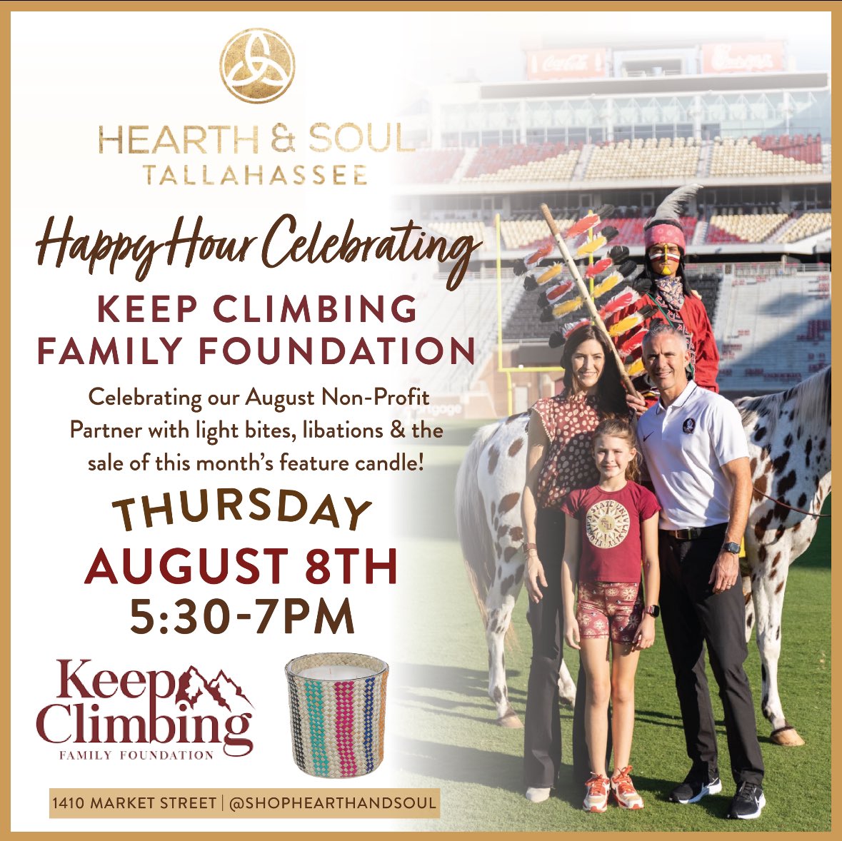 KeepClimbingff's tweet image. We are so grateful to partner with local businesses to serve our community! ❤️

Thank you Hearth and Soul for having us as a nonprofit partner, we can’t wait to see everyone tonight!
#NoleFamily #KeepCLIMBing