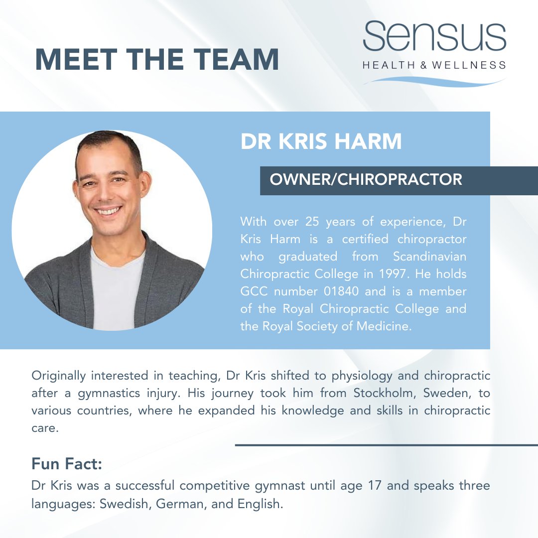 SensusHealthSW6's tweet image. Meet Dr Kris Harm the owner of Sensus Health &amp;amp; Wellness and a seasoned chiropractor with over 25 years of experience 🌟. If you’re looking for a chiropractor who brings a wealth of knowledge and a personal touch to every adjustment, look no further than Dr Kris!