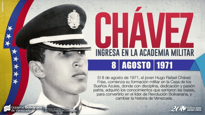 Tal día como hoy, #8Ago de 1971, el comandante de la Revolución Bolivariana .<a href="/chavezcandanga/">Hugo Chávez Frías</a>, ingresó a la Academia Militar de Venezuela, la casa de los sueños azueles, donde se forjó como soldado patriota #PuebloSonrienteYEnPaz .<a href="/NicolasMaduro/">Nicolás Maduro</a>