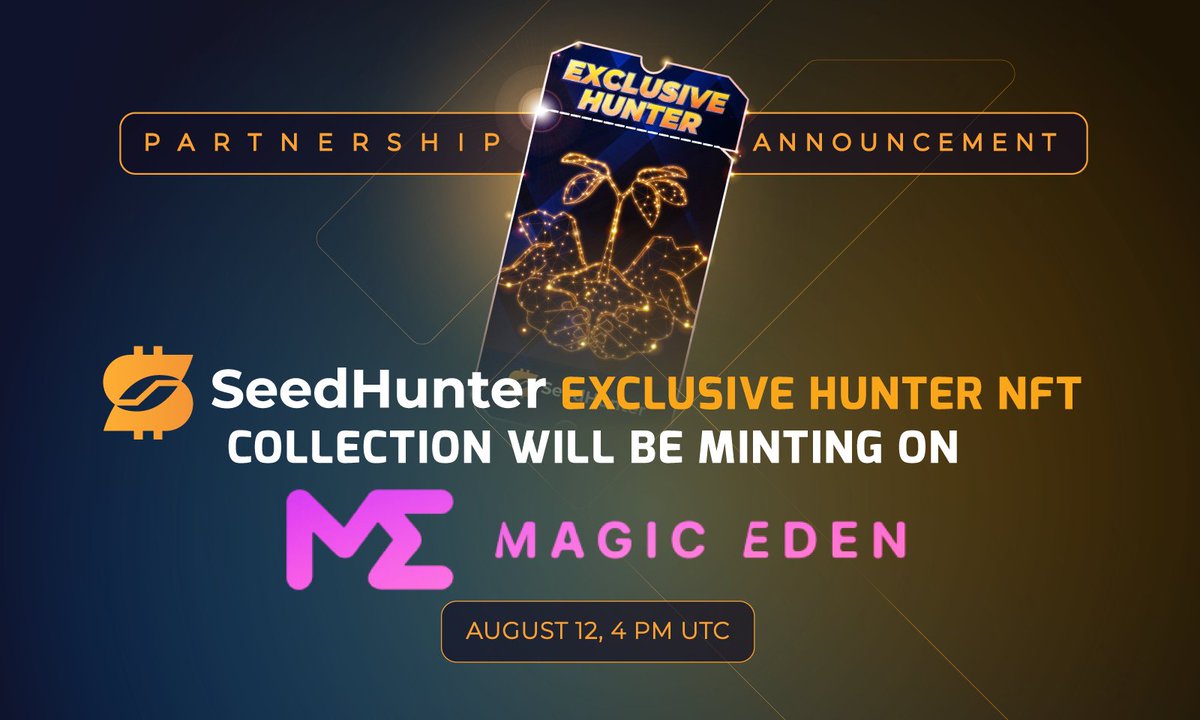 The @SeedHunterHQ Exclusive Hunter NFT collection will be minting on <a href="/MagicEden/">Magic Eden 🪄</a> launchpad.

Get access to airdrops, early fundraising opportunities, increased contribution limits, VIP Discord access, and exclusive contribution rounds.

Mint Details
Supply: 1,000
Price: Free