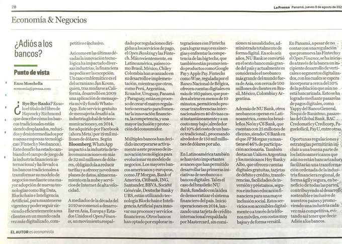 Excelente artículo de Enzo Moschella <a href="/econoaction/">@econoAction</a> . Recomiendo su lectura, importantes reflexiones para reinventarse y adaptarse a los cambios frente al impacto de las nueva tecnologías y la transformación de la banca.