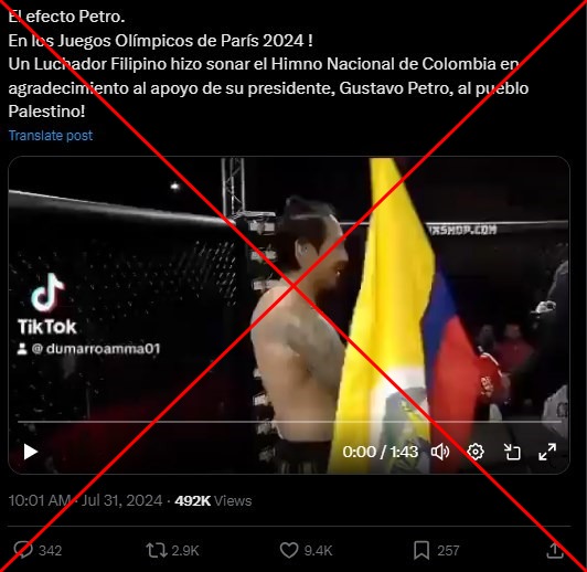 AfpFactual's tweet photo. 🇨🇴 ¿Un luchador filipino entonó el himno de Colombia en #Paris2024 en apoyo al presidente Gustavo Petro?

❌ No, el deportista mostrado en redes es el colombiano Dumar Roa en una pelea de artes marciales mixtas, una disciplina que no es olímpica.

➡️ https://t.co/OyRMGEYxcx https://t.co/oqIS7D1mYQ