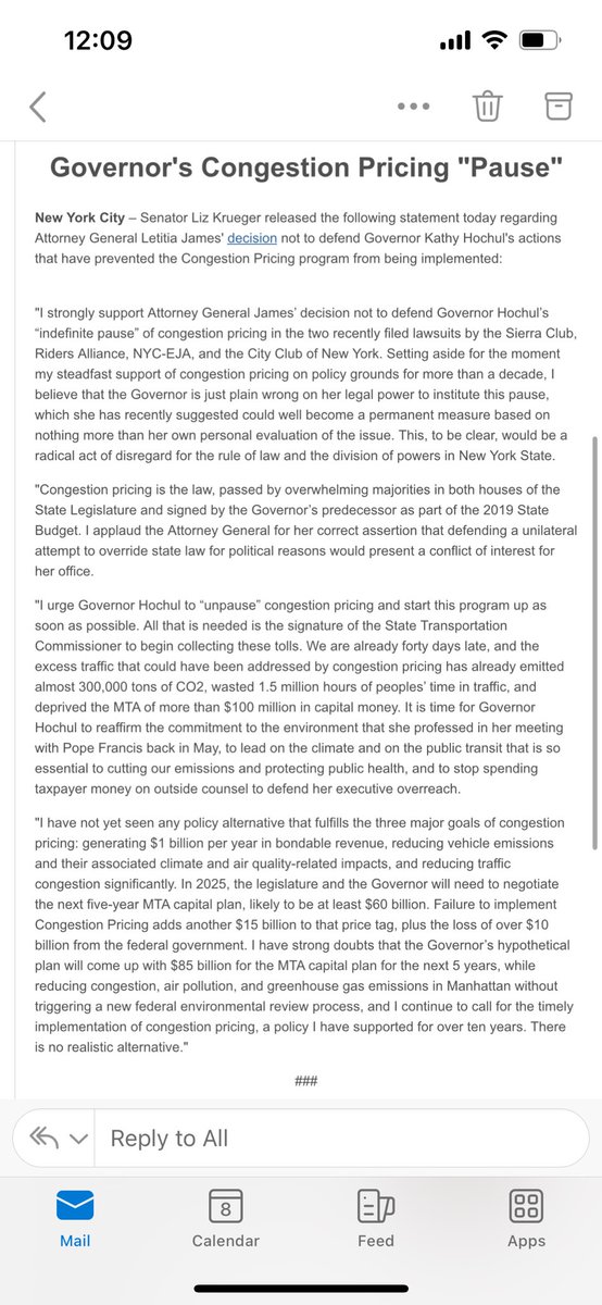 Bernadette Hogan (@bern_hogan) on Twitter photo .<a href="/LizKrueger/">Senator Liz Krueger</a> says <a href="/GovKathyHochul/">Governor Kathy Hochul</a> is “just plain wrong” to pause congestion pricing “which she has recently suggested could well become a permanent measure based on nothing more than her own personal evaluation of the issue.”
Says <a href="/TishJames/">Tish James</a> is correct not to defend state. .<a href="/LizKrueger/">Senator Liz Krueger</a> says <a href="/GovKathyHochul/">Governor Kathy Hochul</a> is “just plain wrong” to pause congestion pricing “which she has recently suggested could well become a permanent measure based on nothing more than her own personal evaluation of the issue.”
Says <a href="/TishJames/">Tish James</a> is correct not to defend state.