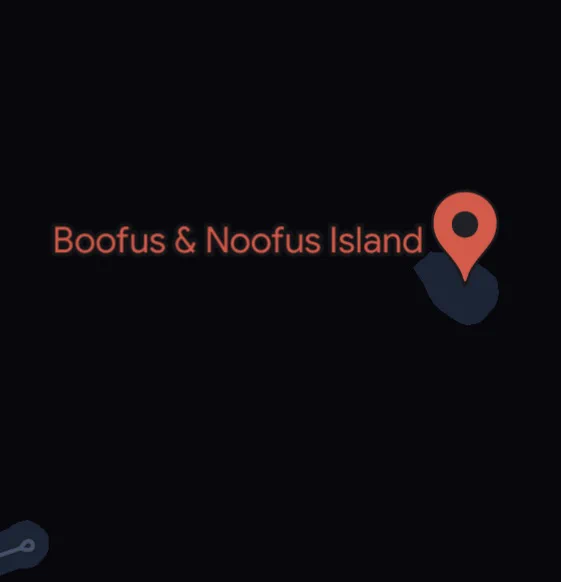 A screenshot of Google Maps with the pinned location "Boofus & Noofus Island"