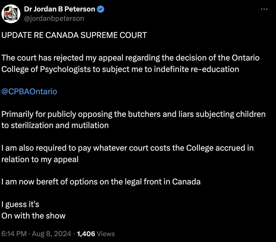 MarioNawfal's tweet photo. 🚨 CANADA SUPREME COURT SILENCES JORDAN PETERSON

The Supreme Court of Canada has dismissed Dr. Jordan Peterson’s appeal against the Ontario College of Psychologists’ mandate to undergo social media re-education.

The order was initially made due to Peterson’s online posts, deemed "degrading and unprofessional, posing a risk to the public."

@jordanbpeterson : 

"Primarily for publicly opposing the butchers and liars subjecting children to sterilization and mutilation."

The Court’s decision concludes his legal avenues in Canada and requires him to pay the College’s court costs.

Peterson must now decide whether to comply with the re-education program.

Sources: CBC, CKOM, Peckford42, X