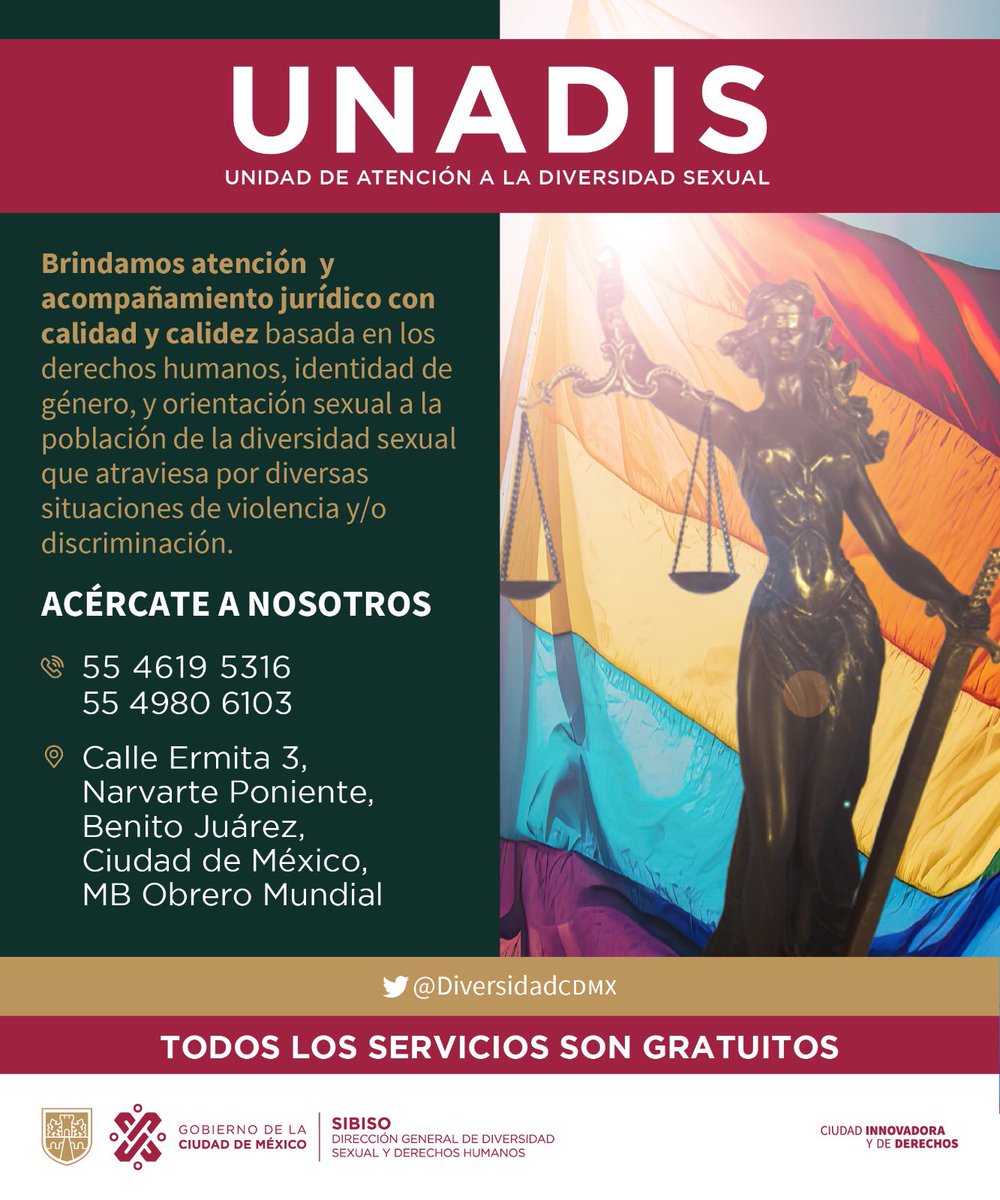 DiversidadCDMX's tweet photo. #ABCDerechos
En la Unidad de Atención a la Diversidad Sexual "LaEspacia"🌈 te escuchamos, orientamos y👥 te proporcionamos asesoría jurídica ⚖️ y acompañamiento gratuito 🫂con un enfoque de #DDHH ¡Acude o 📞5546195316! 
#EresConOrgullo🏳️‍🌈🏳‍⚧ https://t.co/zwQOTKqoVP