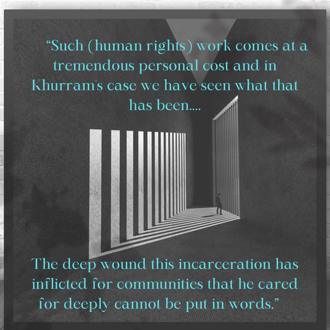 "The deep wound this (Khurram's) incarceration has inflicted for communities that he cared for deeply cannot be put into words."
- Mona Bhan, June 2024

#FreeKhurramParvez #FreeIrfanMehraj #EndReprisals #Kashmir