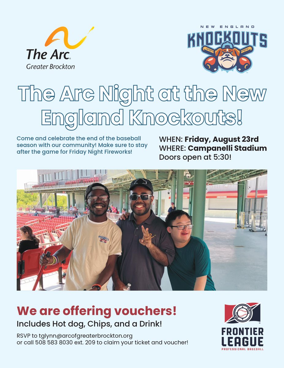 Come see the <a href="/KnockoutsBase/">New England Knockouts</a> play on Friday, August 23rd at the Arc of Greater Brockton Night at Campanelli Stadium. We're giving out free tickets and food vouchers redeemable for a hot dog, soft drink, and chips.