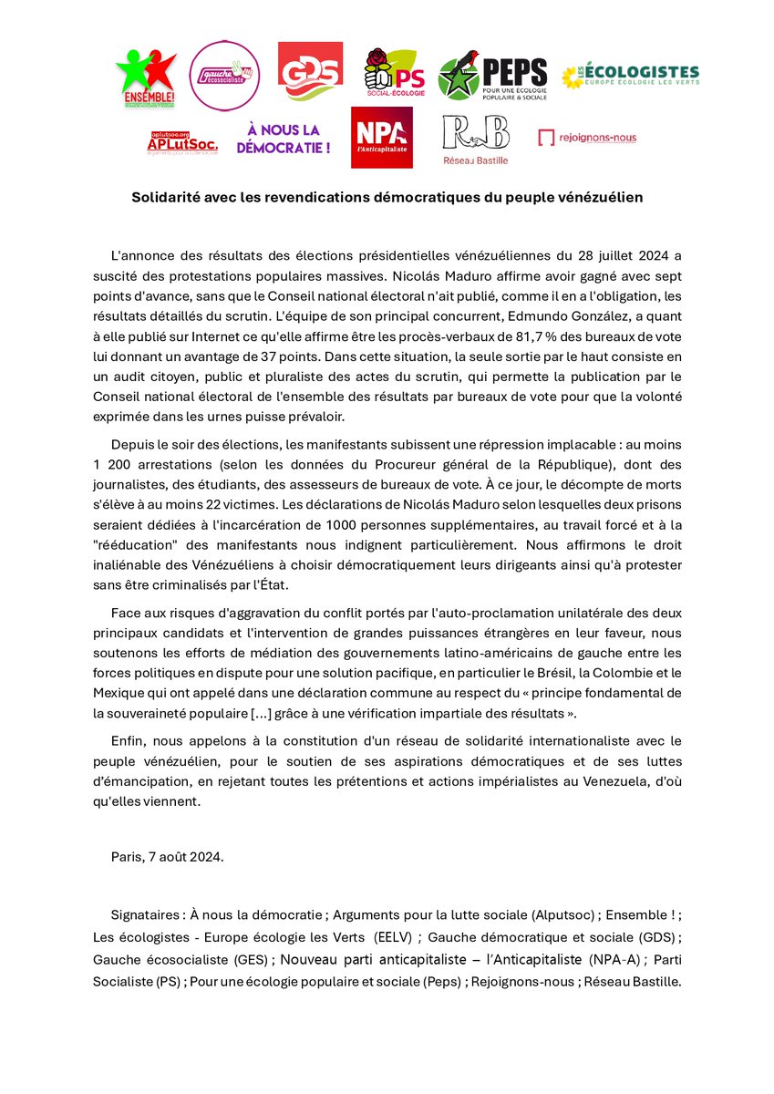 Communiqué unitaire 

"Solidarité avec les revendications démocratiques du peuple vénézuélien".

#Venezuela