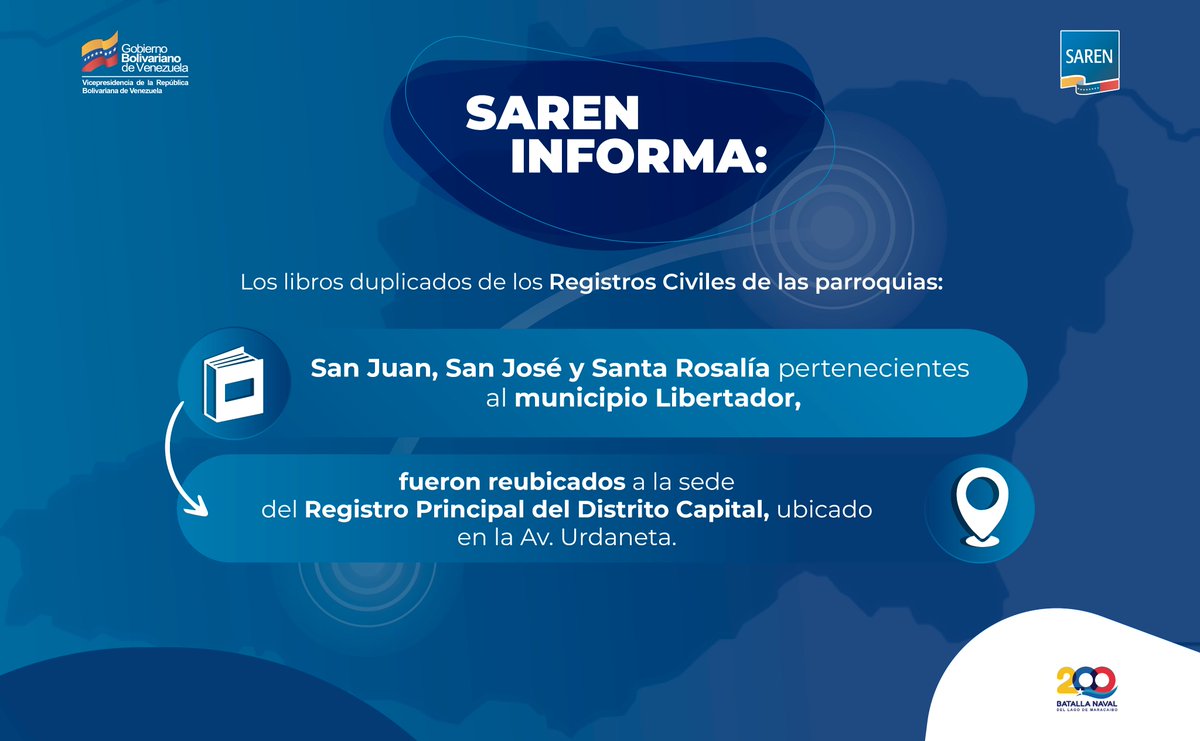 #Atención ➡️ Los libros duplicados de las parroquias: San Juan, San José y Santa Rosalía pertenecientes al municipio Libertador, fueron reubicados a la sede del Registro Principal del Distrito Capital, ubicado en la Av. Urdaneta.    

#8Ago 
#PuebloSonrienteYEnPaz