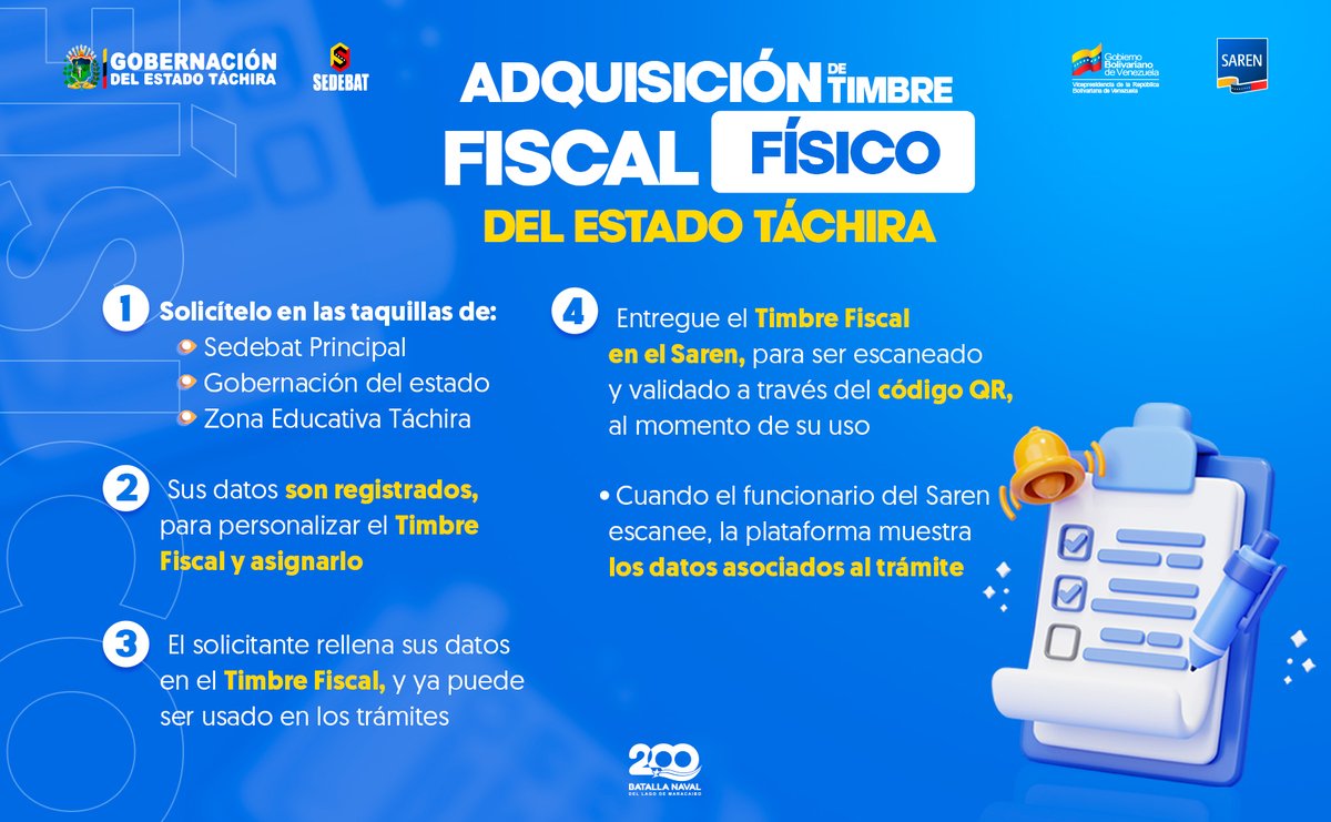 #Atención ➡️ Adquisición de Timbre Fiscal físico del estado Táchira

Más detalles aquí: acortar.link/AFUXfy 

#8Ago 
#PuebloSonrienteYEnPaz