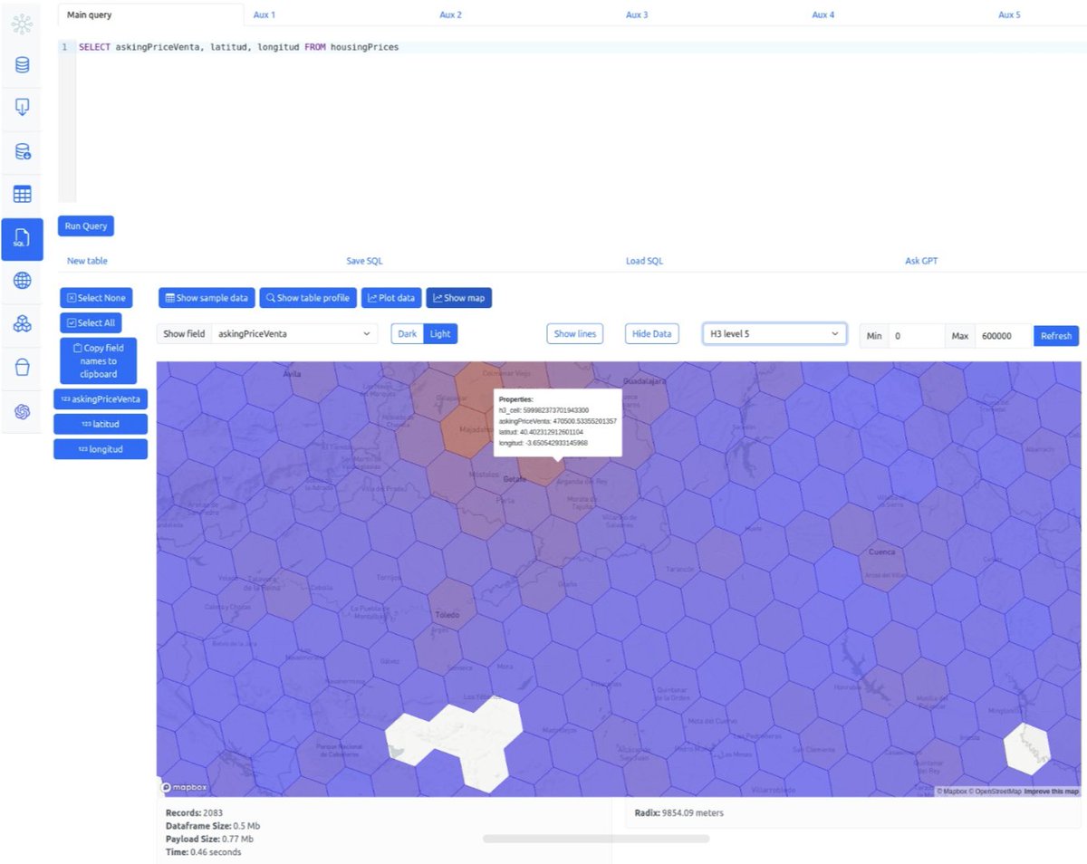 datalakestudio's tweet photo. Now DatalakeStudio allows you to visualize H3 summaries of your data. H3 hexagons are generated in real time in milliseconds thanks to @duckdb and the awesome H3 extension of @IsaacBrodsky https://t.co/RELlJ4SkOb
