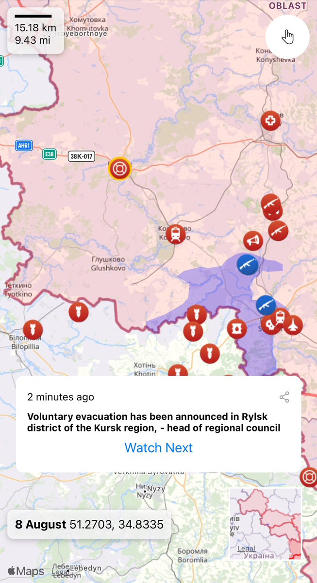 Voluntary evacuation has been announced in Rylsk district of the Kursk region, - head of regional council  liveuamap.com/en/2024/8-augu…