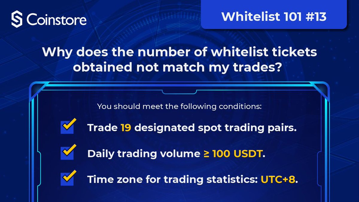 1️⃣3️⃣ Discrepancy in Whitelist Tickets?

⚡️ Ensure you’ve traded all 19 pairs, met the 100 USDT volume, and note the UTC+8 timezone.

🎁 Details: tinyurl.com/yckrvncj

💵 Coinstore Launchpad: coinstore.com/#/launchpad?ts…

#Whitelist101 #Coinstore