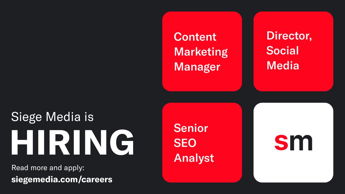 Siege Media is hiring for several key SEO + social roles!

Help us grow world-class brands via organic growth.

The website notes "Associate" as the experience level but we will strongly consider more experienced managers as well.  

siegemedia.com/careers