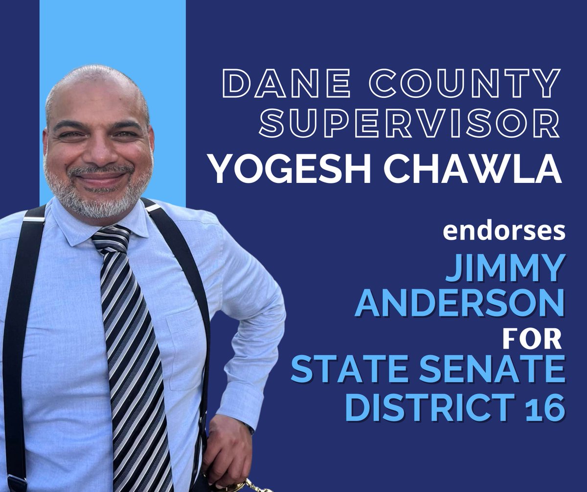 I am grateful to have Supervisor Yogesh Chawla's endorsement for State Senate district 16! Yogesh is a vocal progressive advocate on the County Board, fighting to support working families, increase civic engagement, and build a brighter future for all Wisconsinites.