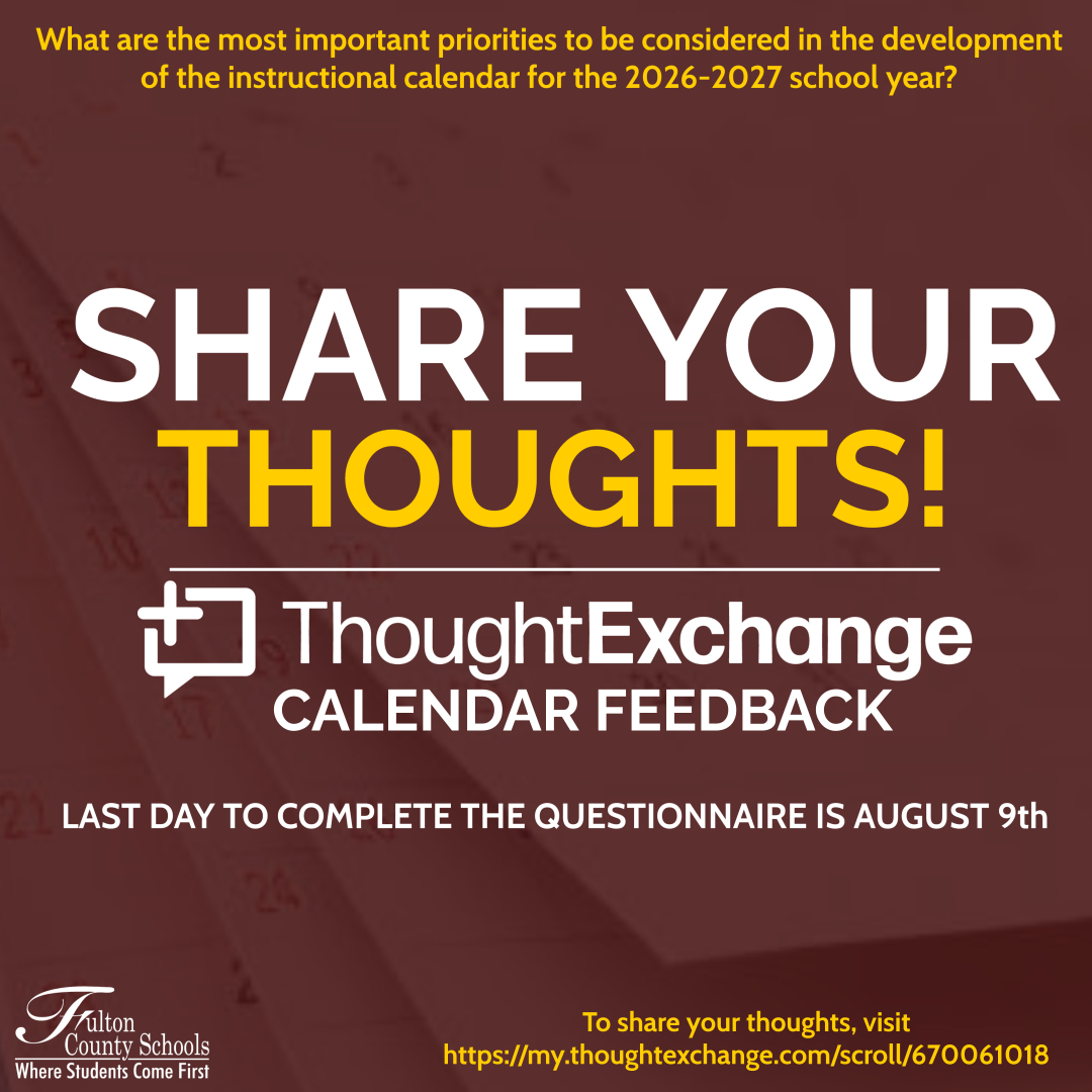 We Value Your Thoughts!

FCS needs your input on the instructional calendar for the 2026-2027 school year. There's still time to share your thoughts—tomorrow is the last day to participate!
#FCSnews #FCSThoughtExchange #supportpubliceducation

visit my.thoughtexchange.com/scroll/6700610