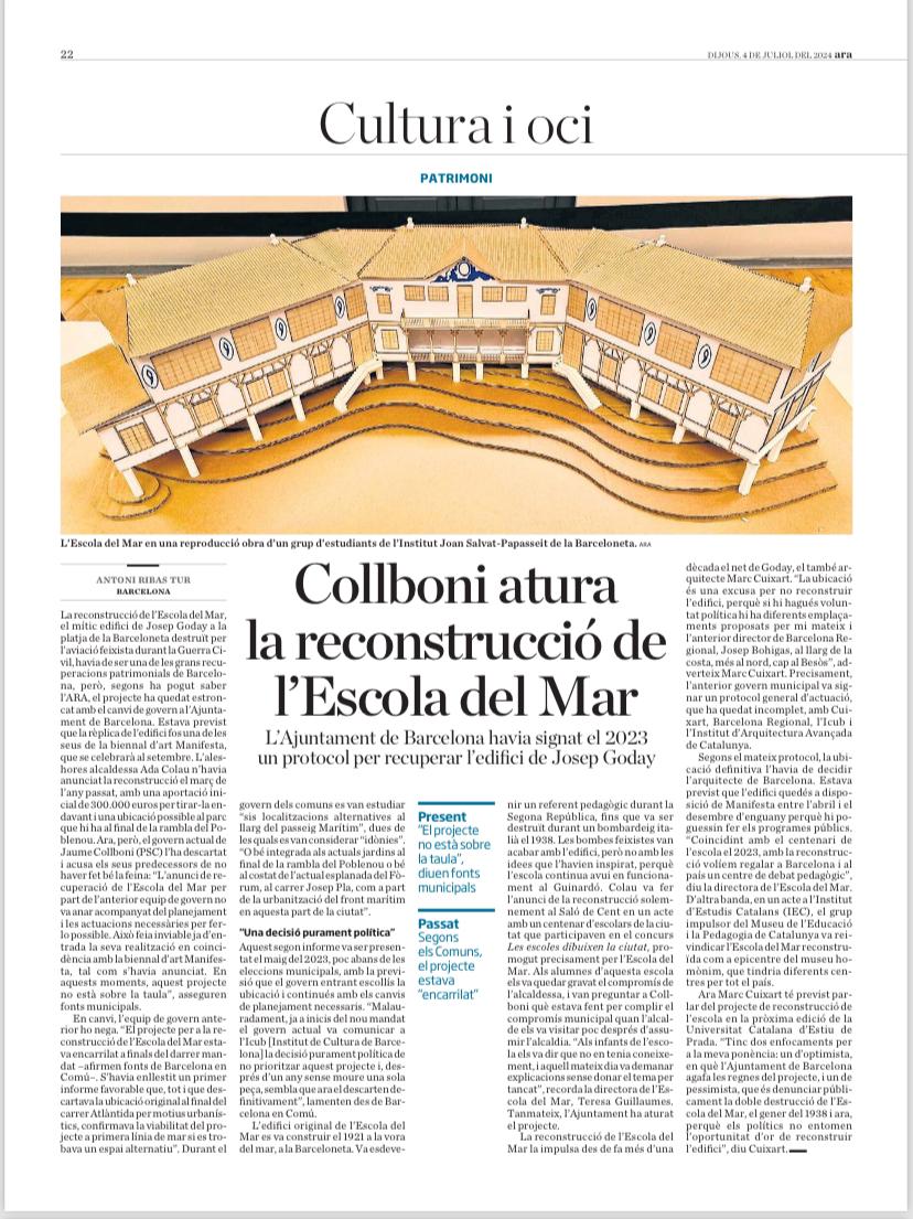 El nostre projecte sobre l'#EscolaDelMar ha il·lustrat aquesta notícia del diari Ara. La notícia ja està caducada perquè sembla que finalment reconstruiran l'edifici. Content perquè es visibilitzi la feina d'un curs dels alumnes de 4t d'ESO de l'<a href="/INSJoanSalvat/">INS Joan Salvat i Papasseit</a>!