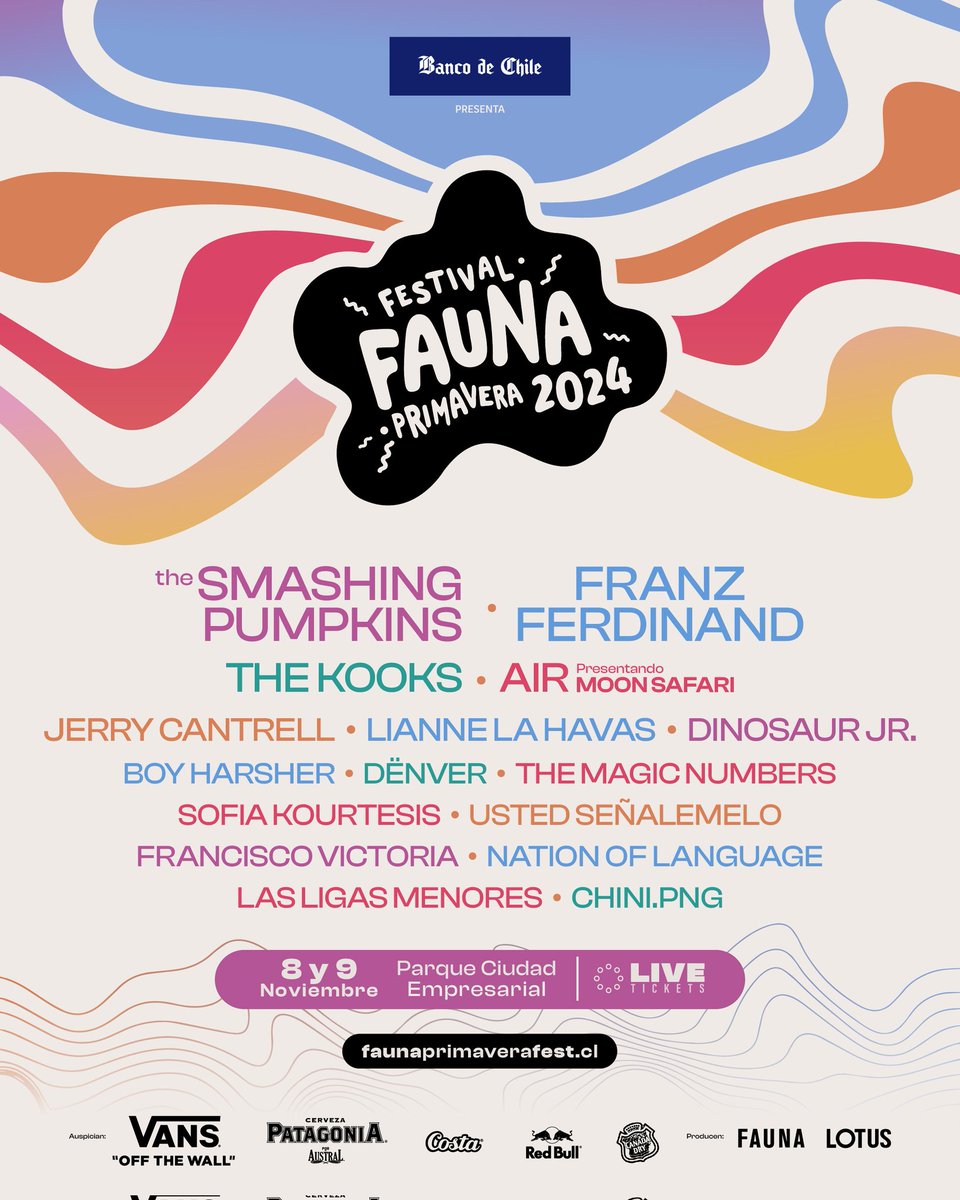 SE VIENE TREMENDO EL FAUNA PRIMAVERA 🤘🔥🥲

The Smashing Pumpkins, Franz Ferdinand, Jerry Cantrell, Dinosaur Jr. , The Kooks, Air (tocando "Moon Safari" completo) y más serán parte. 

La cita es el próximo 8 y 9 de noviembre en Parque Ciudad Empresarial.